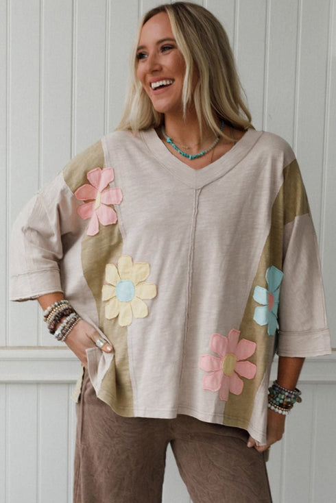 Mixed Daisy Applique Exposed Seam Oversized V Neck Top